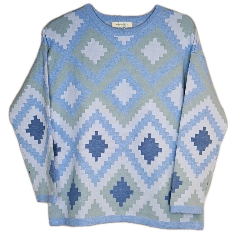 Woolovers Blue Sage Southwestern Aztec Pullover Crewneck Wool Blend Knit Sweater